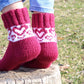 Burgundy Casual Socks with White Heart Pattern, Wool-Blend Socks