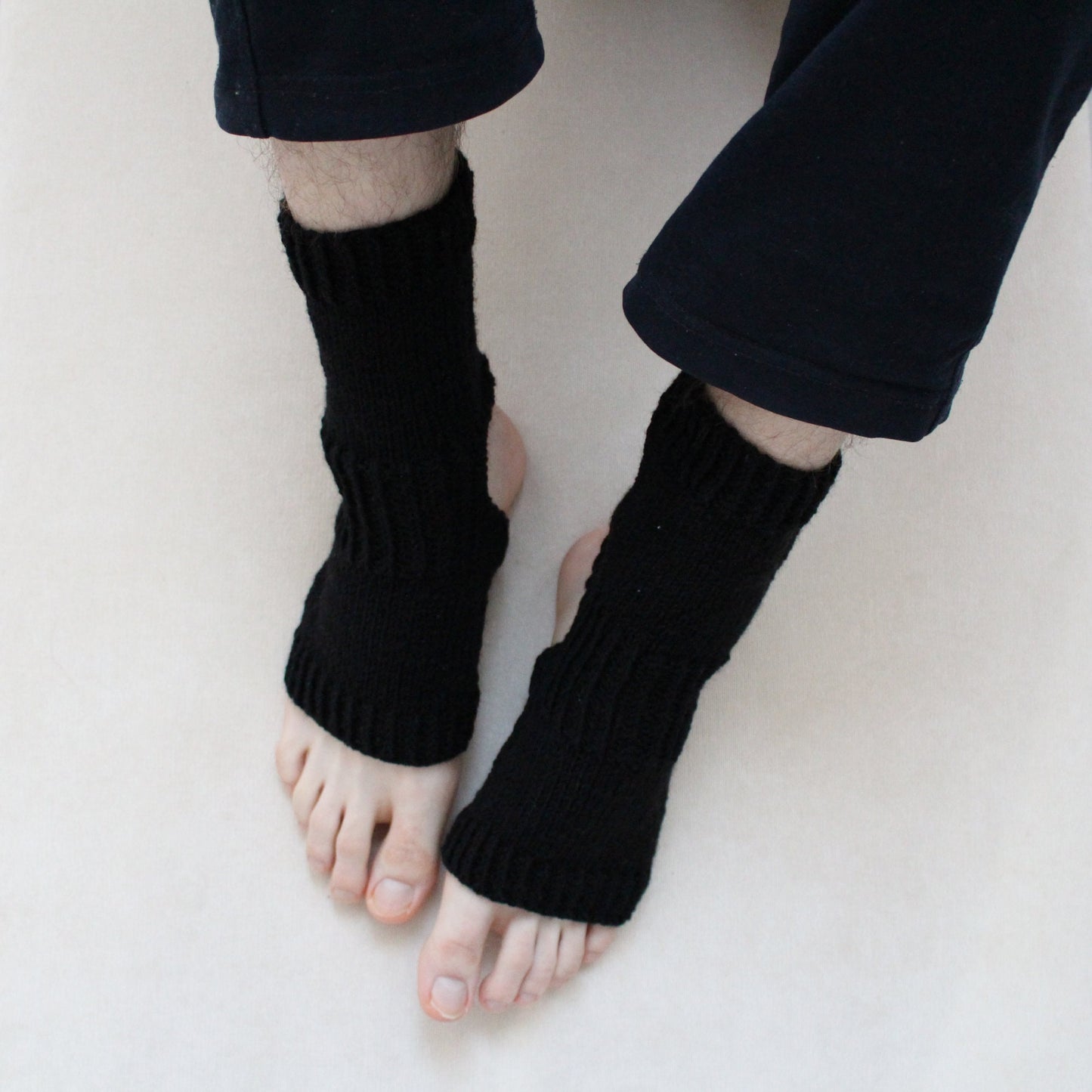 Open toe and open heel black socks, wide calf wool blend socks