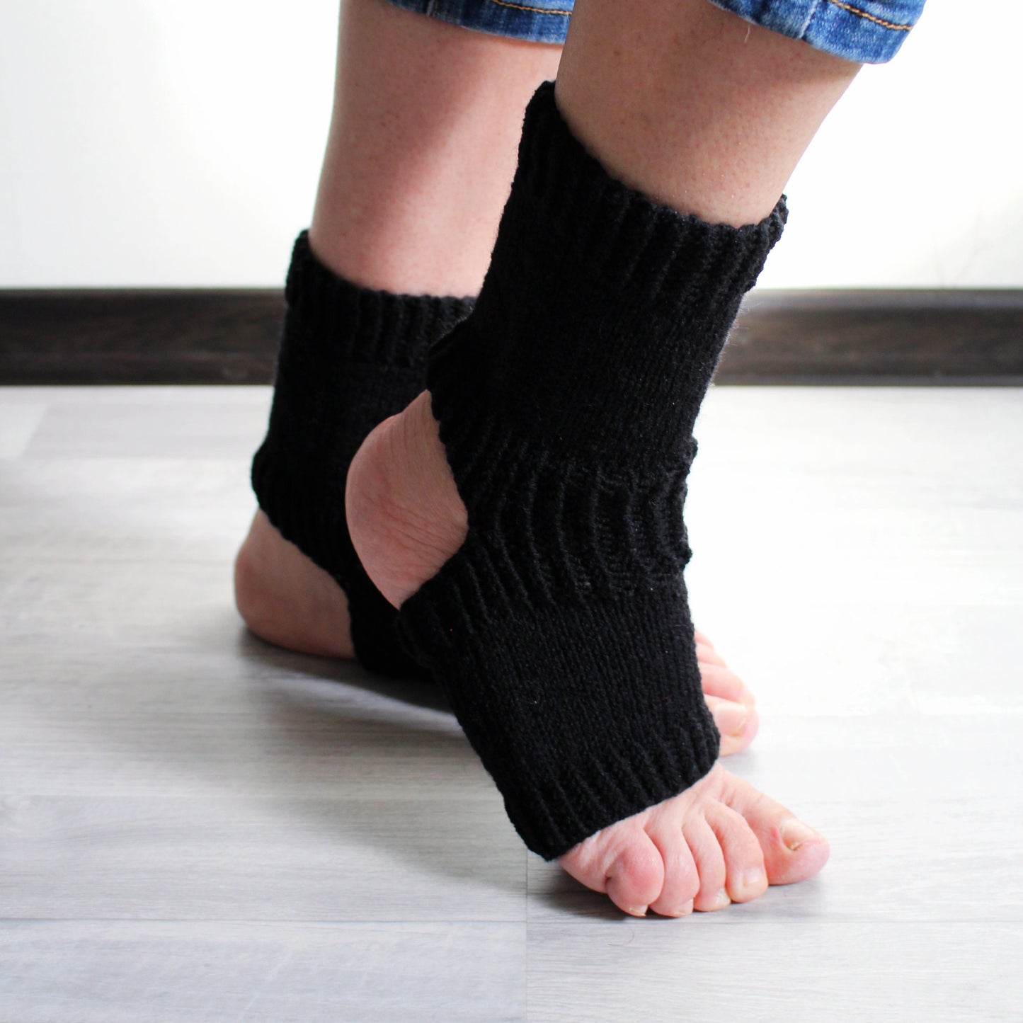 Open toe and open heel black socks, wide calf wool blend socks