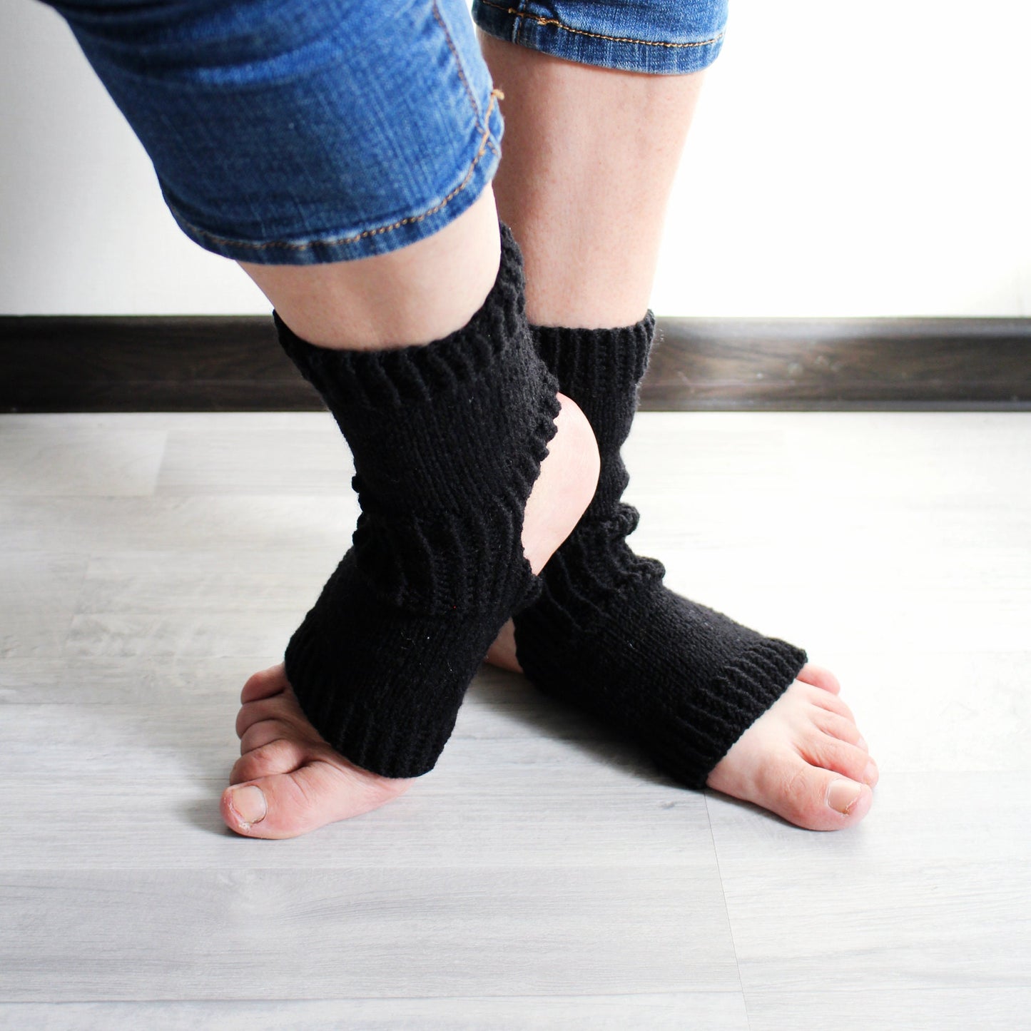 Open toe and open heel black socks, wide calf wool blend socks