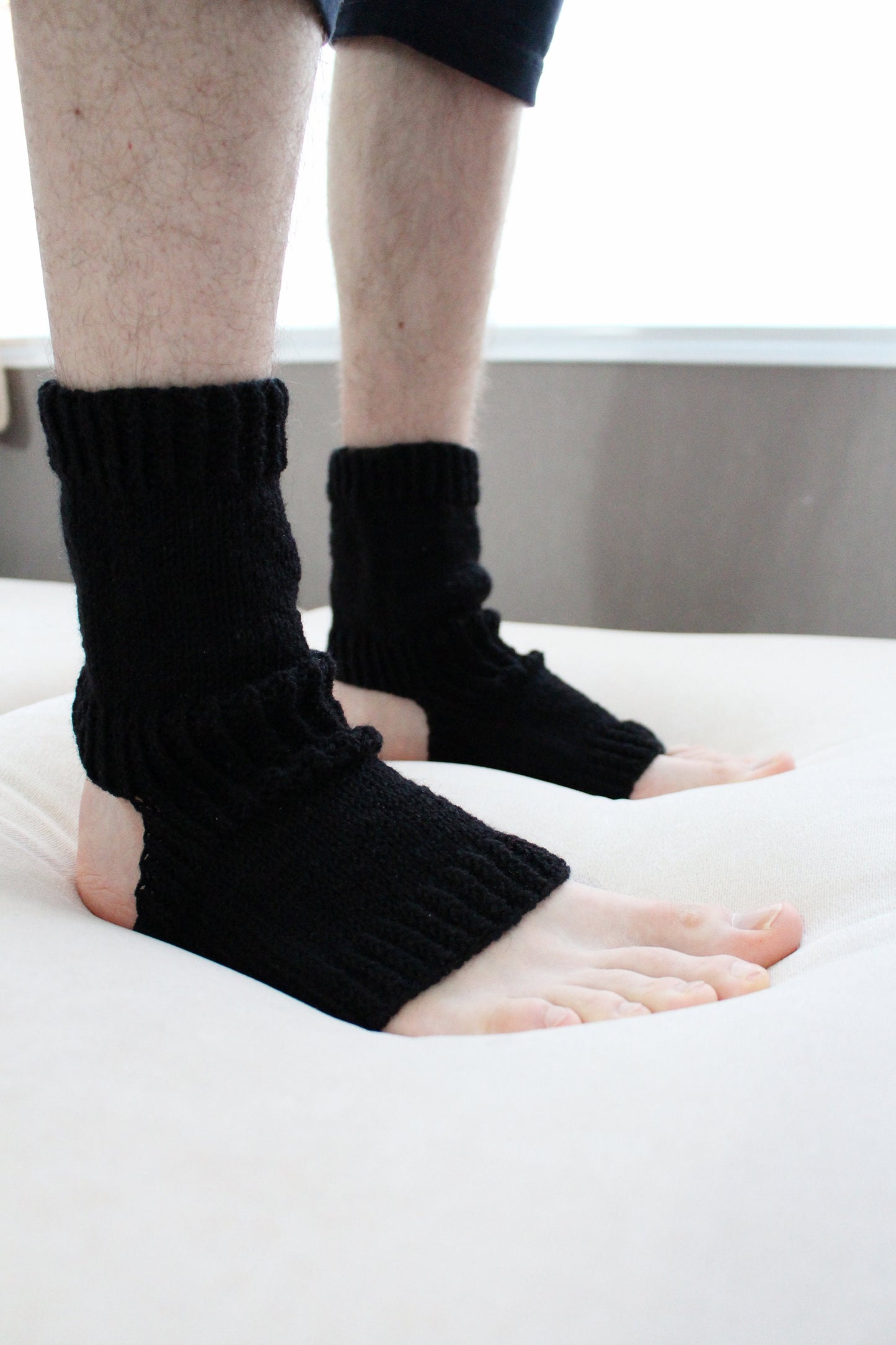 Open toe and open heel black socks, wide calf wool blend socks