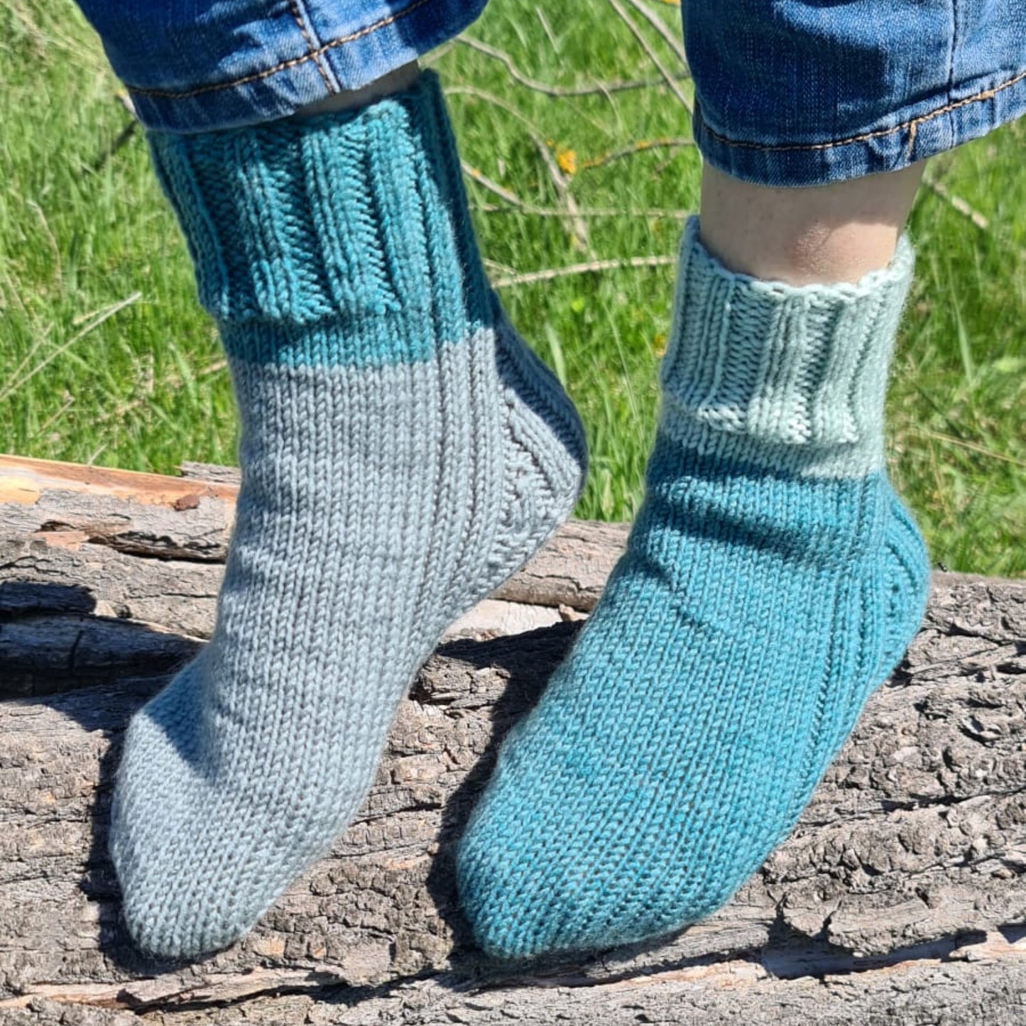 Blue and gray casual ribbed socks, Fancy big stripe socks