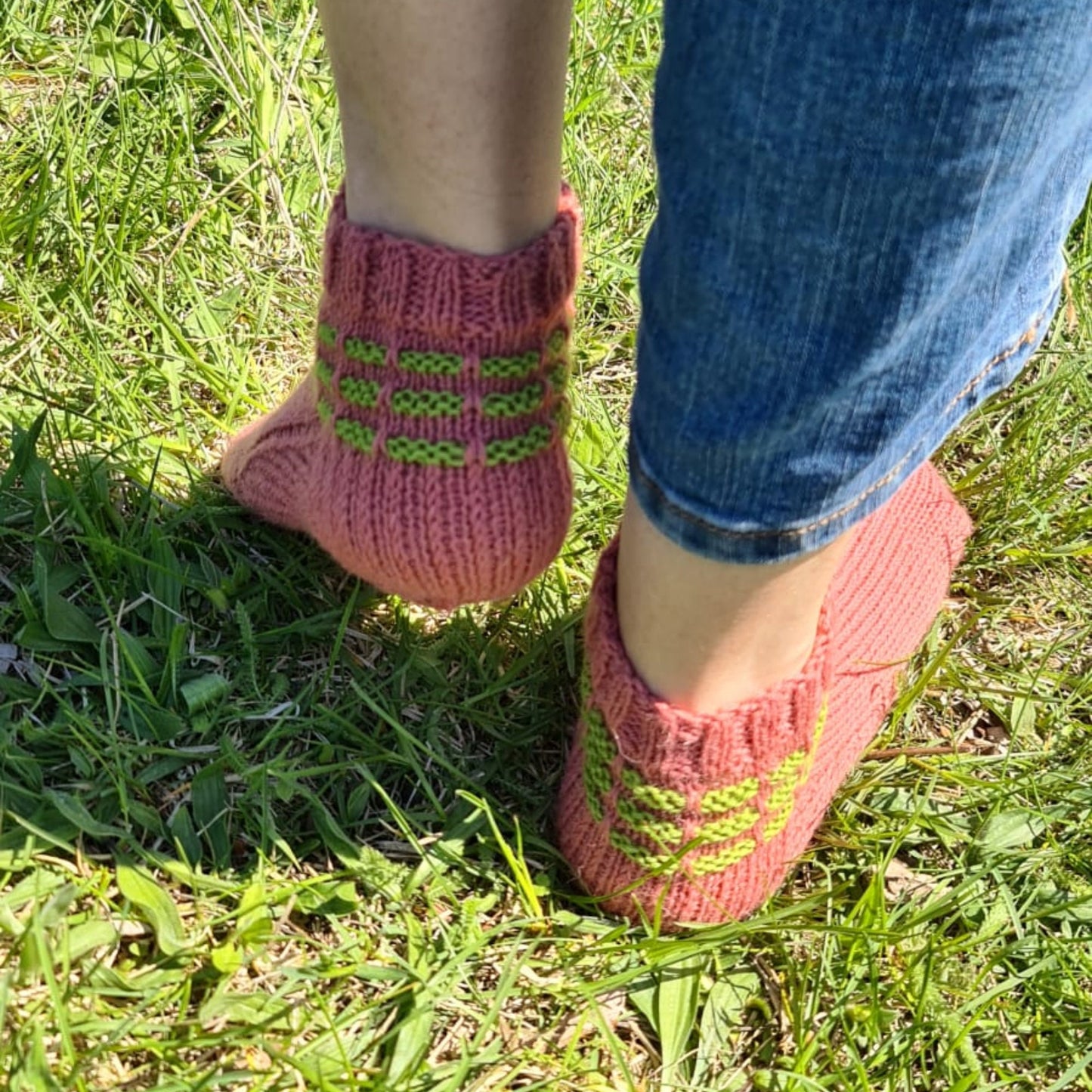 Pink socks with green stripes, Wool house socks, Warm winter slippers