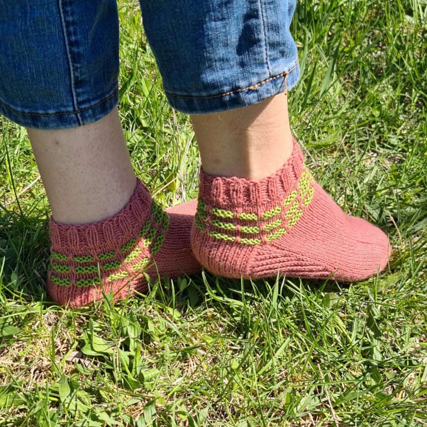 Pink socks with green stripes, Wool house socks, Warm winter slippers