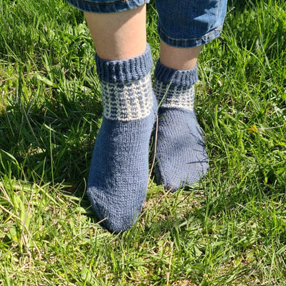 Hand knit alpaca wool two-color socks with grid pattern