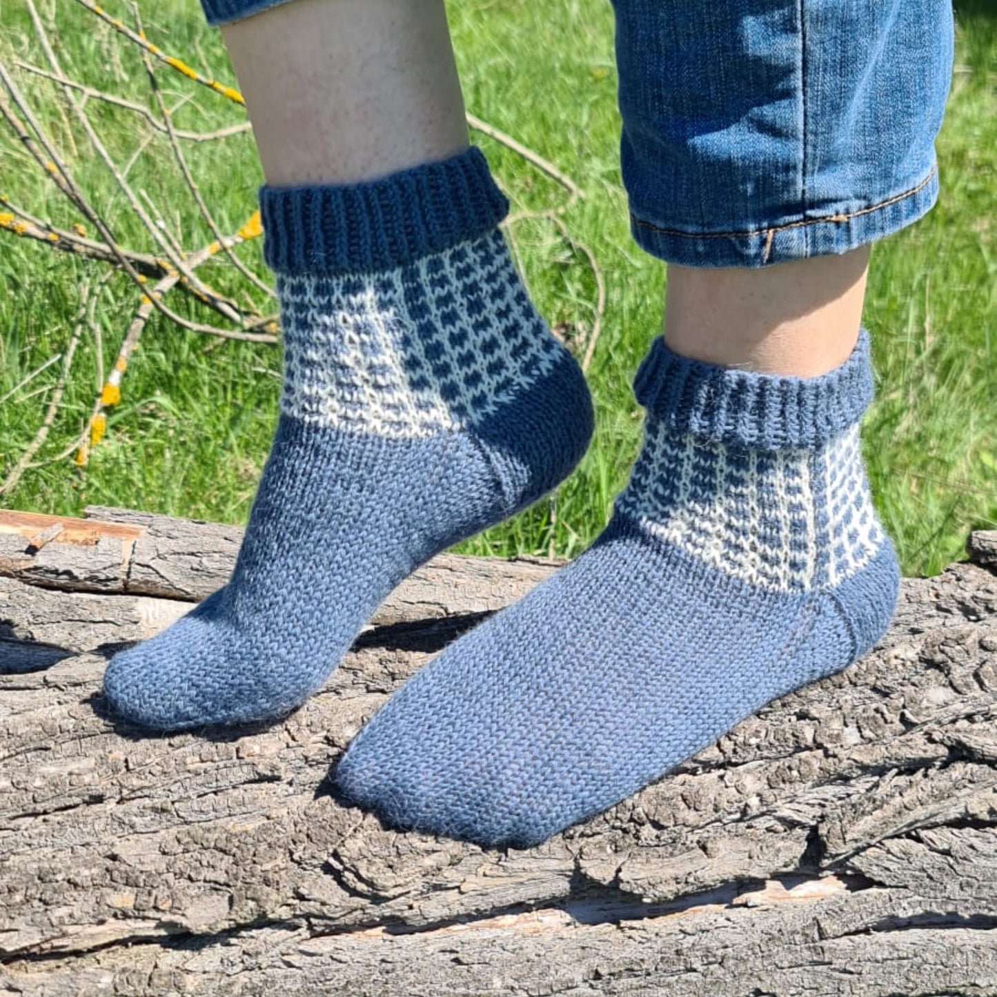 Hand knit alpaca wool two-color socks with grid pattern