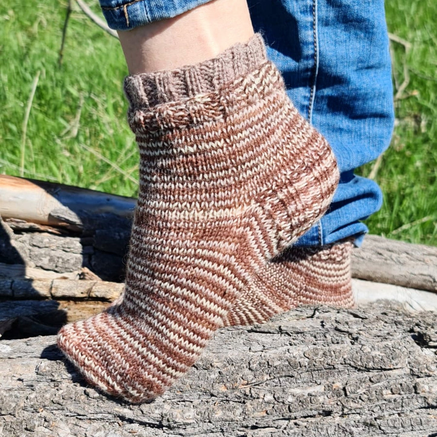 Striped ankle everyday socks, Knitted double-cuff socks