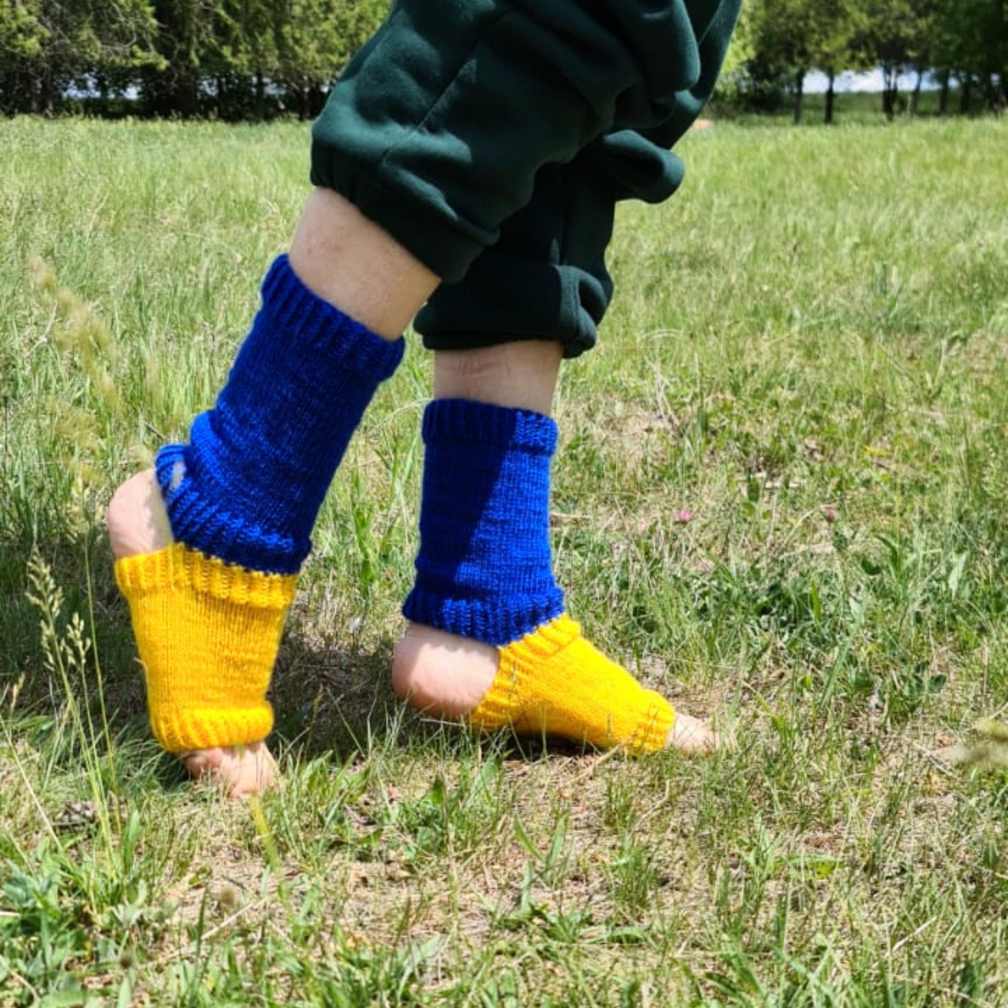 Blue and yellow hand-knitted no toe and no heel socks