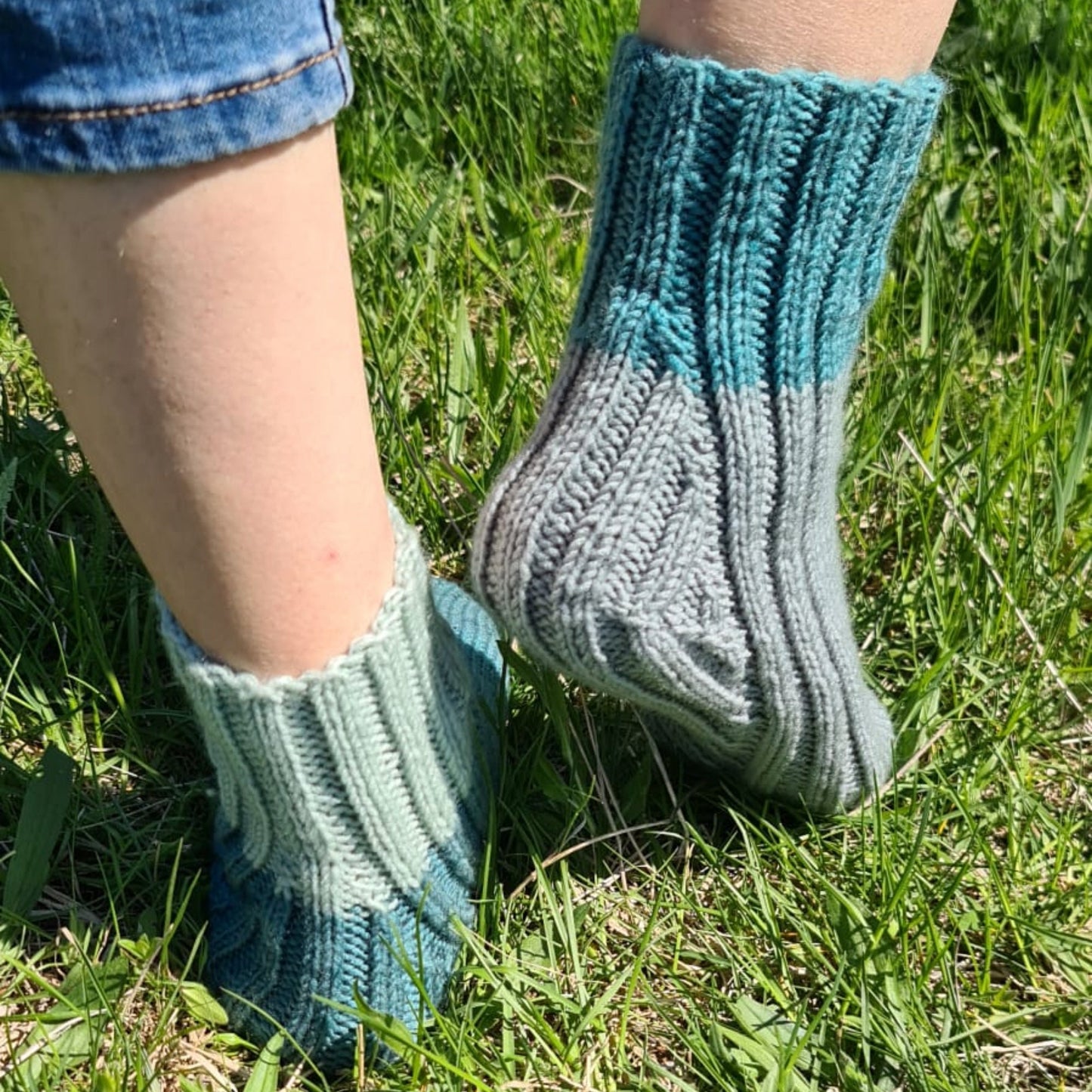 Blue and gray casual ribbed socks, Fancy big stripe socks