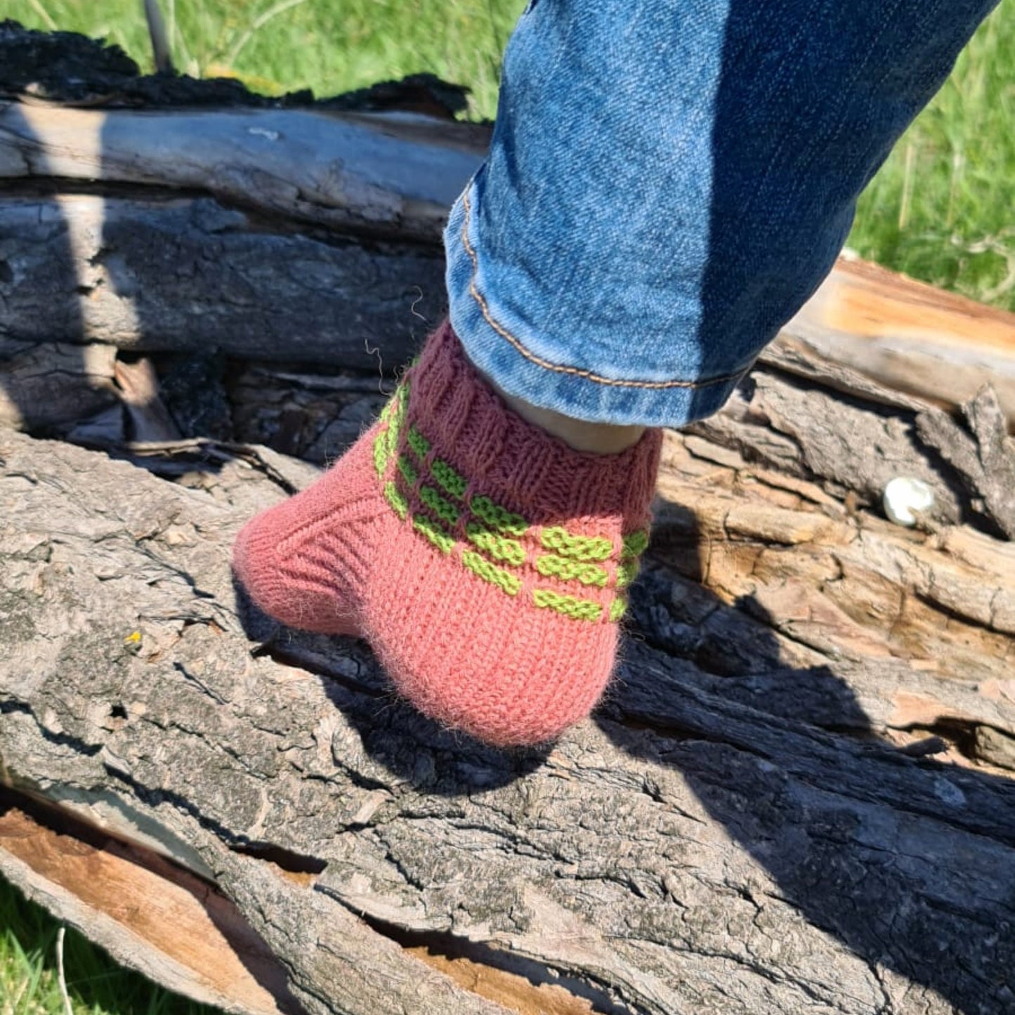 Pink socks with green stripes, Wool house socks, Warm winter slippers