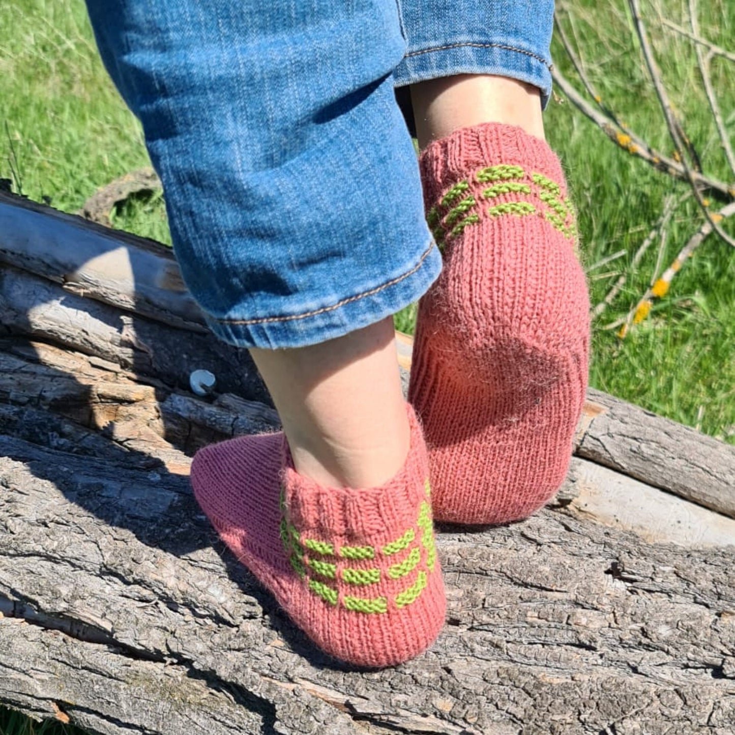 Pink socks with green stripes, Wool house socks, Warm winter slippers