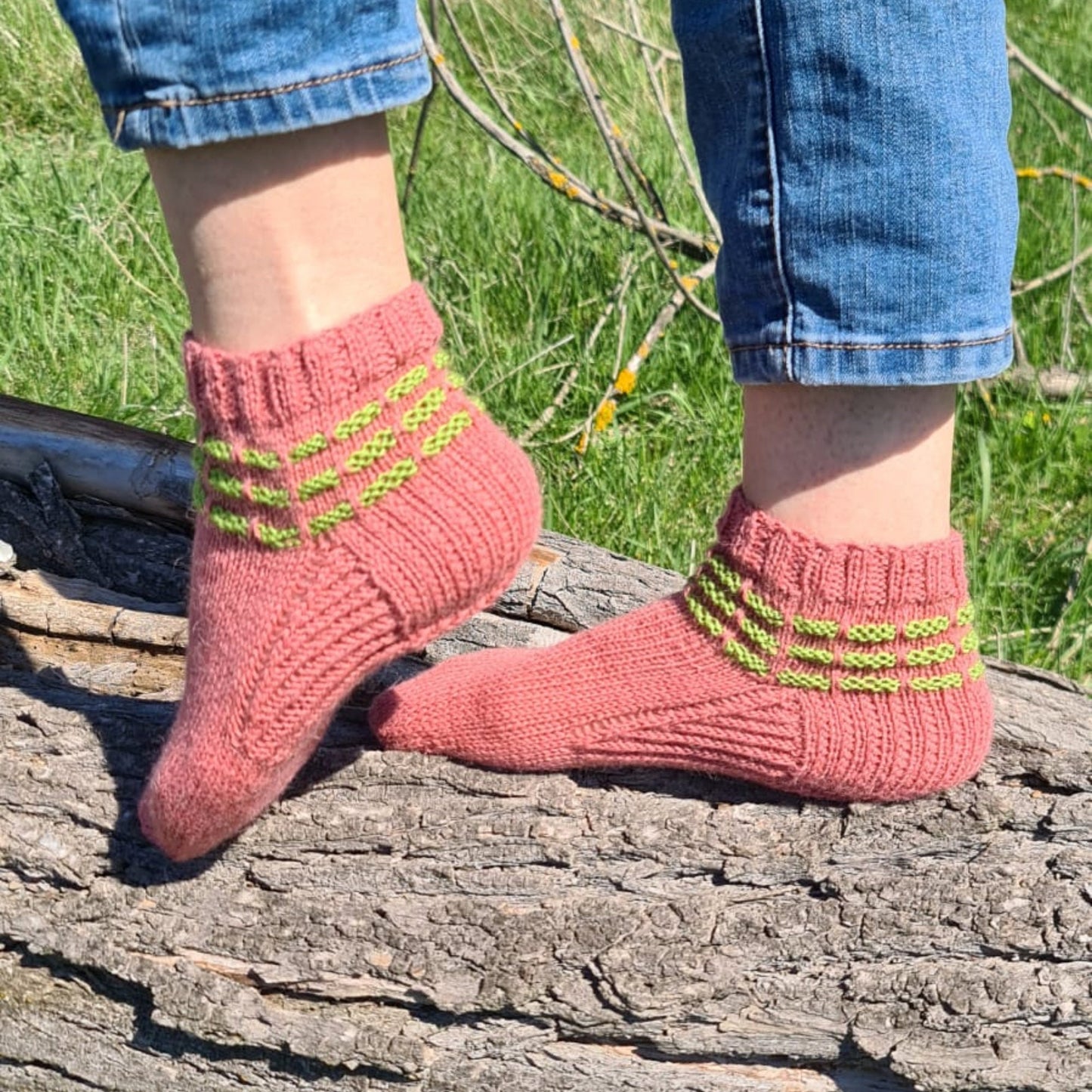 Pink socks with green stripes, Wool house socks, Warm winter slippers