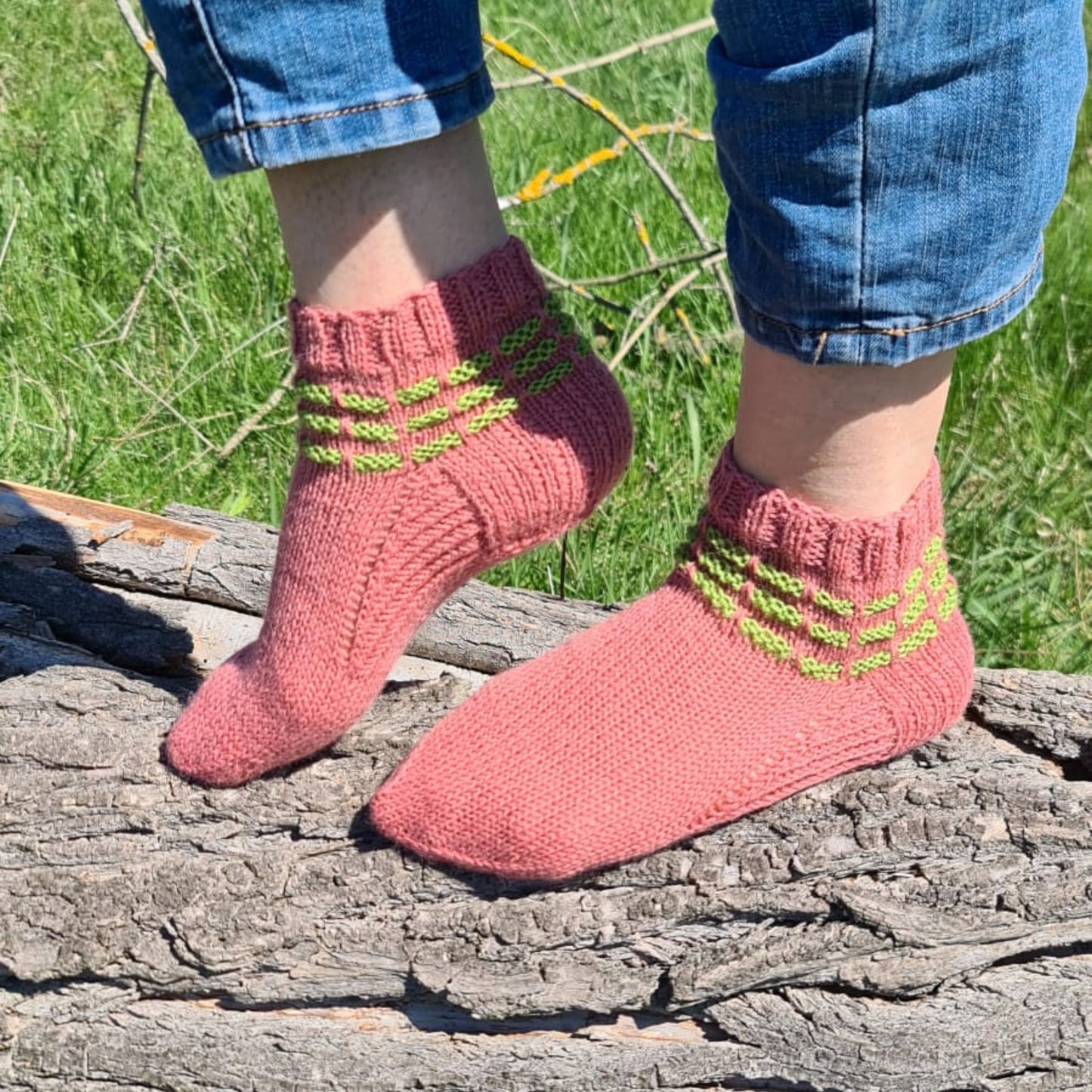 Pink socks with green stripes, Wool house socks, Warm winter slippers