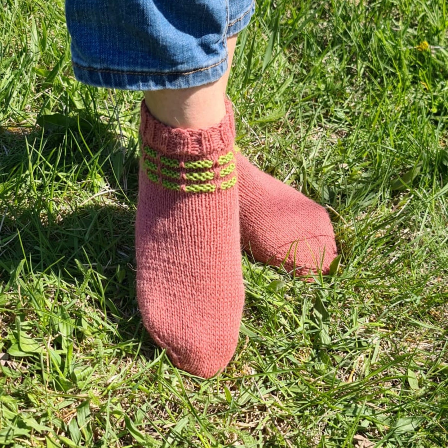 Pink socks with green stripes, Wool house socks, Warm winter slippers