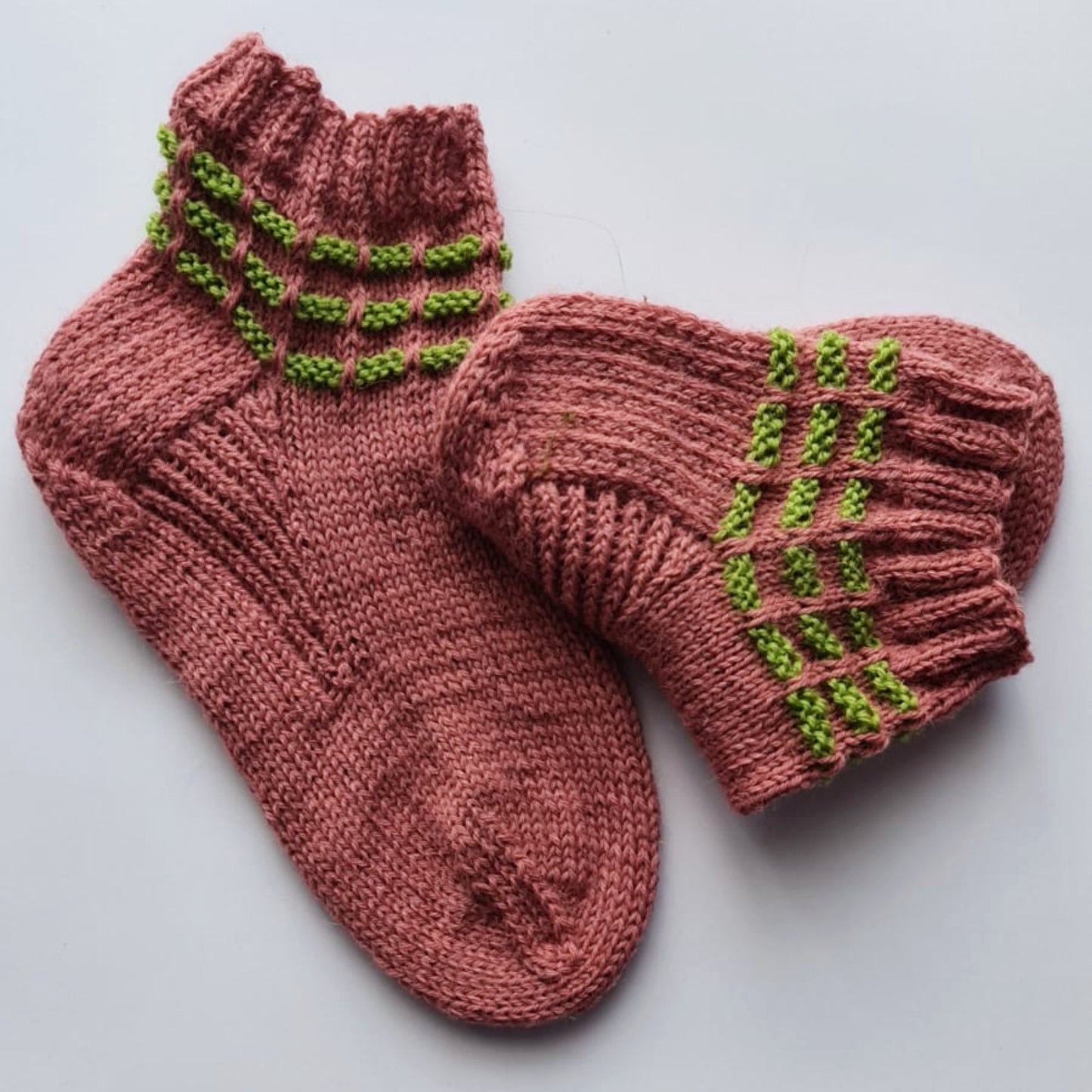 Pink socks with green stripes, Wool house socks, Warm winter slippers