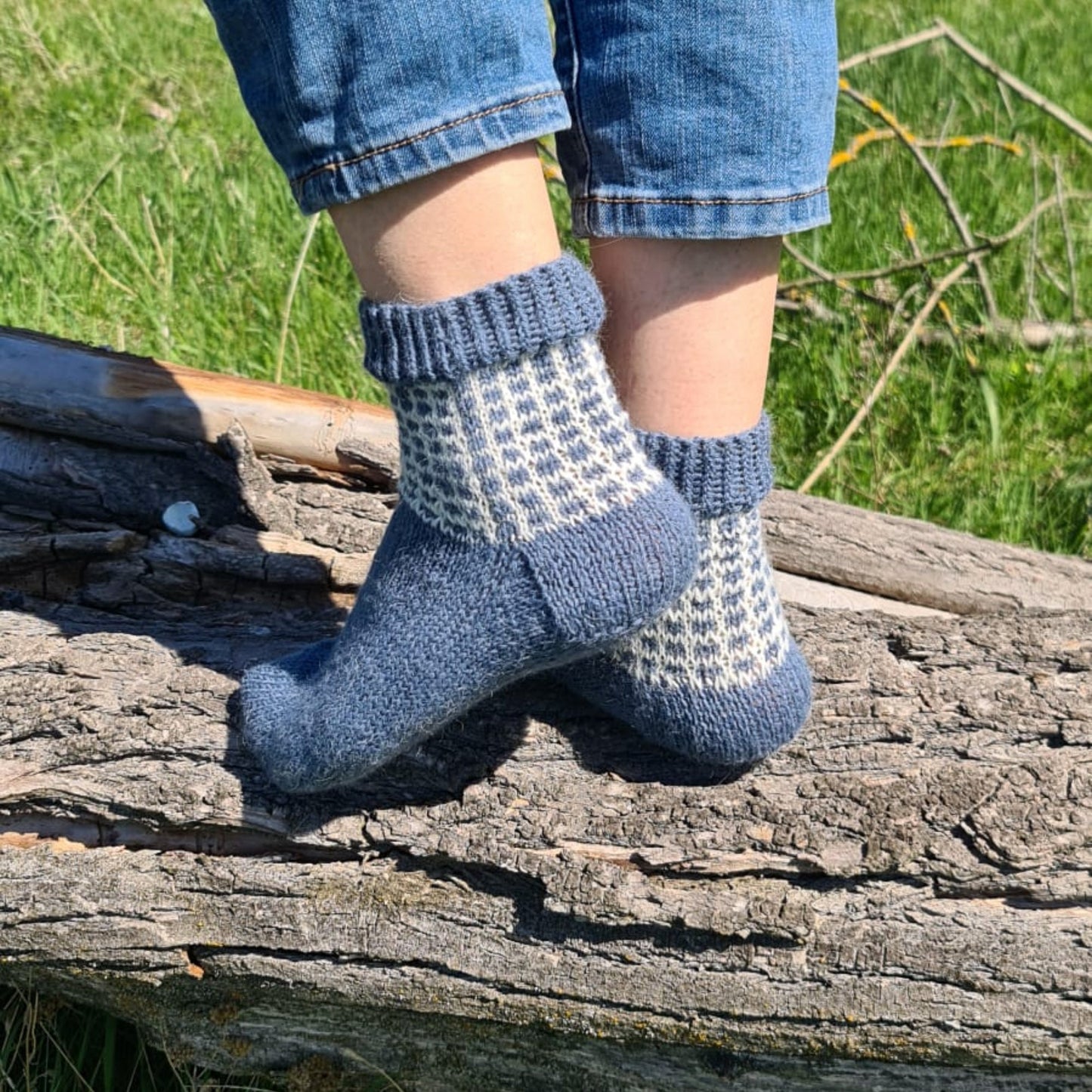 Hand knit alpaca wool two-color socks with grid pattern