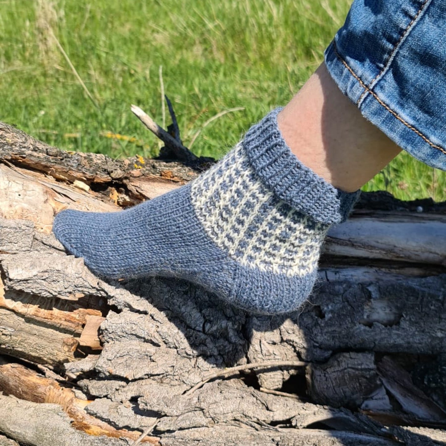 Hand knit alpaca wool two-color socks with grid pattern