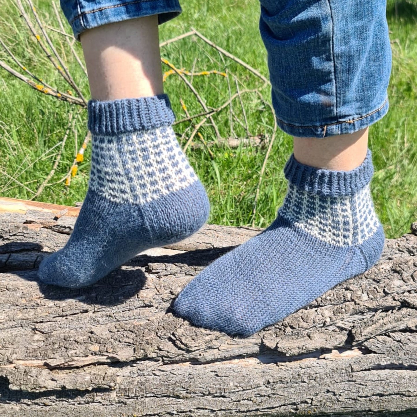 Hand knit alpaca wool two-color socks with grid pattern