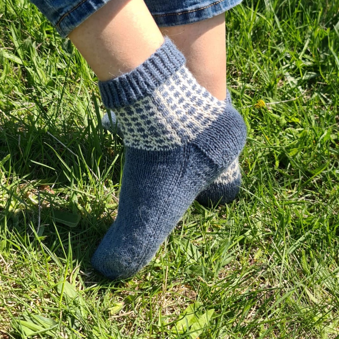 Hand knit alpaca wool two-color socks with grid pattern