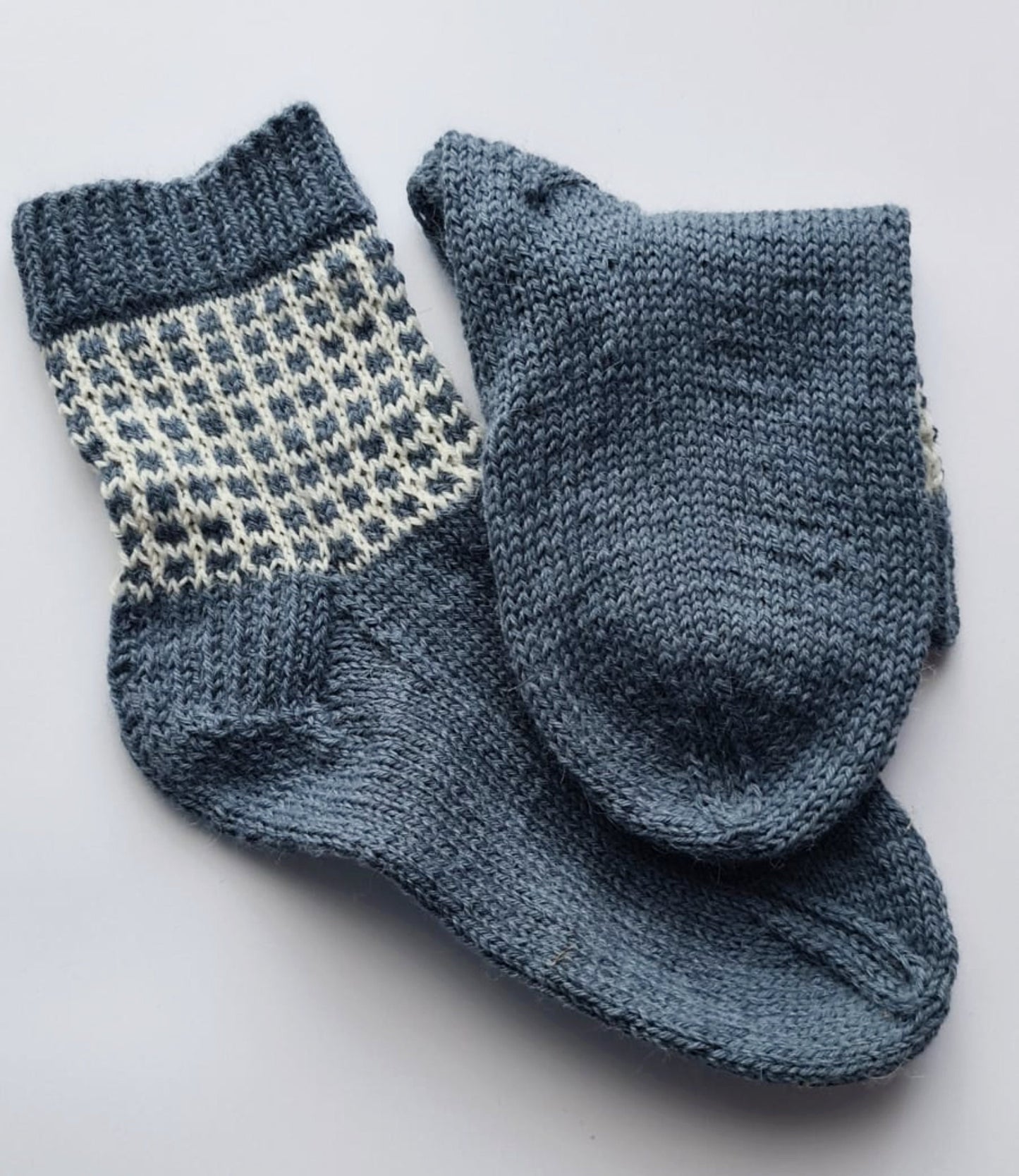 Hand knit alpaca wool two-color socks with grid pattern