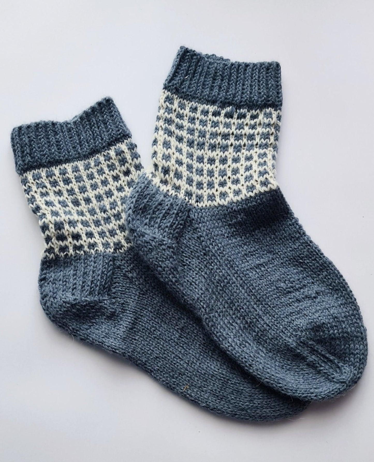 Hand knit alpaca wool two-color socks with grid pattern