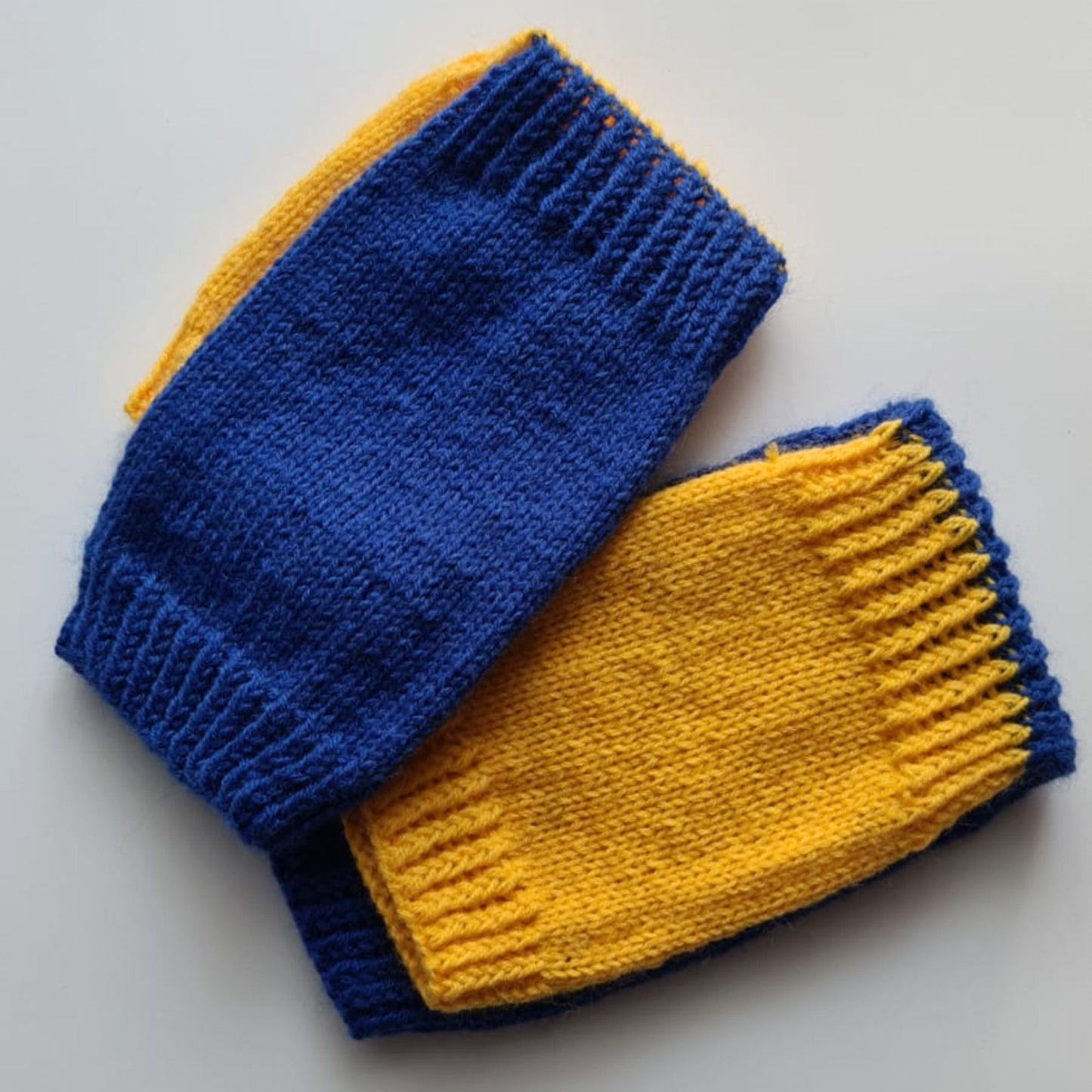 Blue and yellow hand-knitted no toe and no heel socks